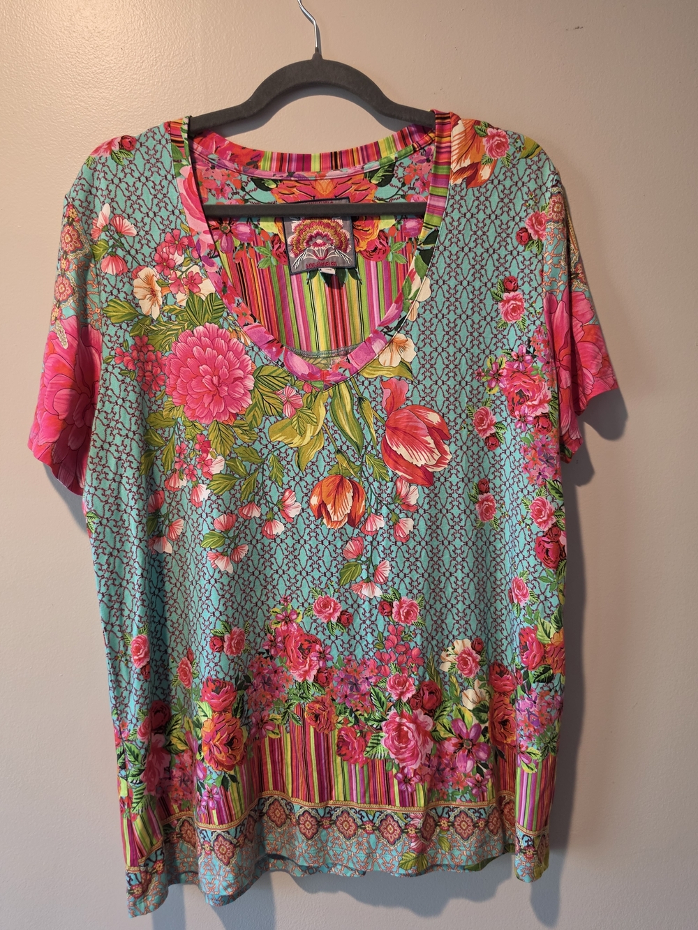 Johnny Was Aqua Floral V-Neck Tee with Hot Pink Blooms